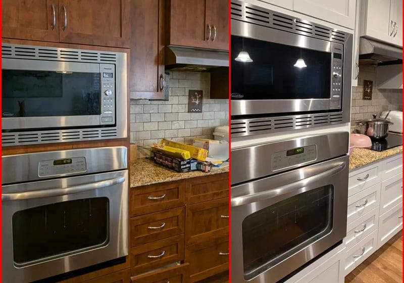 Freshly painted white kitchen cabinets after professional cabinet painting Calgary